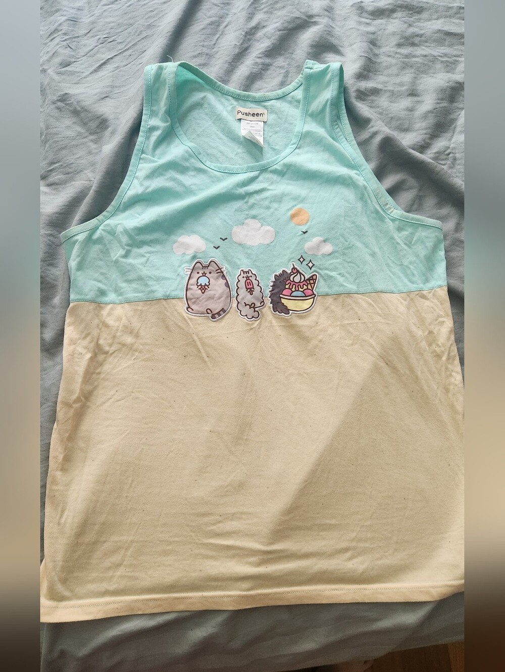 Pusheen Mint & Cream Character Beach Themed Tank Top L